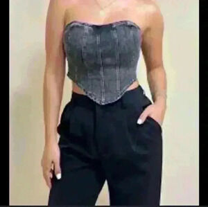 NWT Shein strapless dark denim jean side zipper casual trendy bustier top L